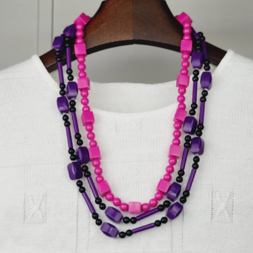 Chunky Pink and Purple Plastic Beaded Vintage Necklace Set Of 2 80s